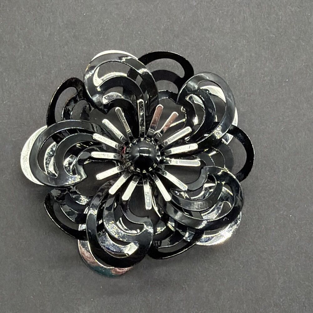 Vintage Emmons Layered Swirl Flower Lapel Pin Brooch black and silver color